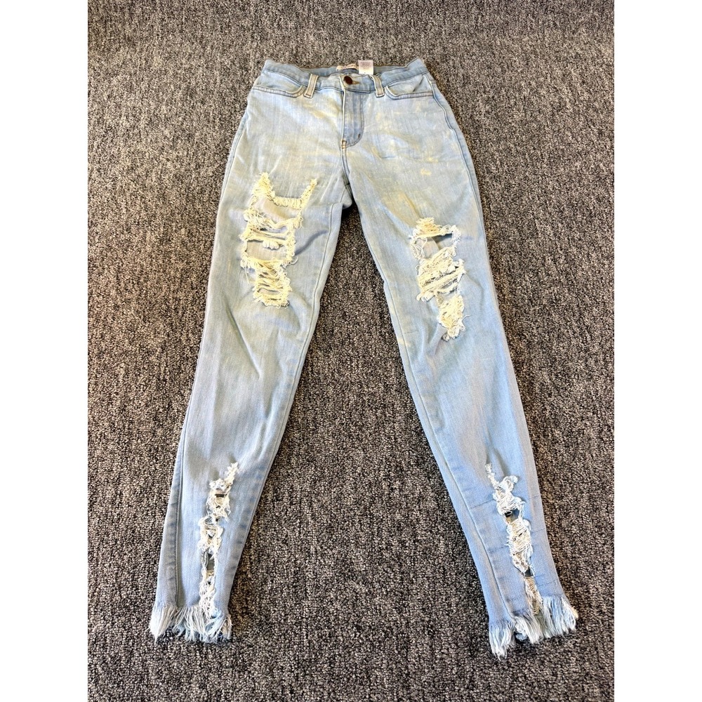 Vibrant M.I.U. Jeans Womens 7 Blue Denim Light Wash Distressed Frayed Hem Skinny